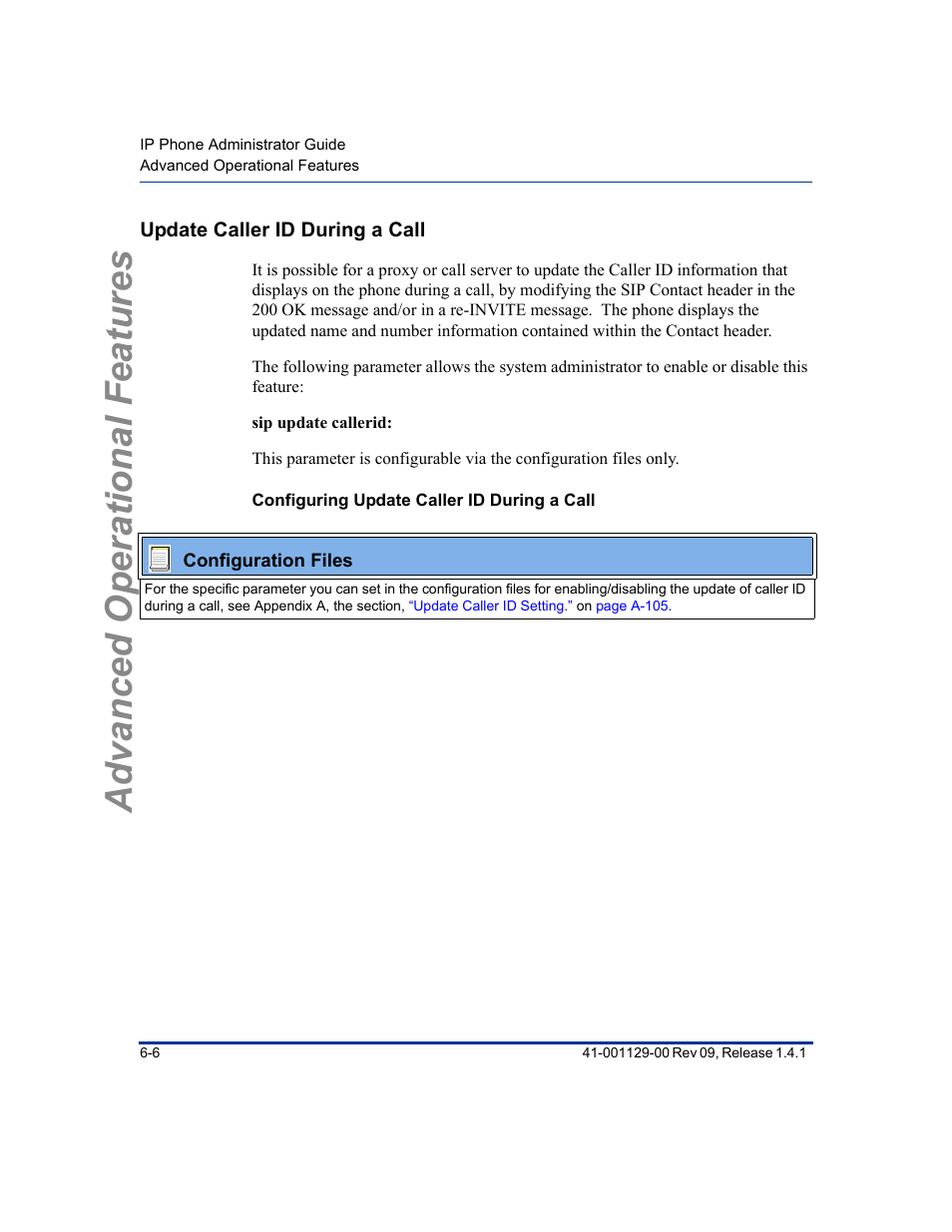 Update caller id during a call, Configuring update caller id during a call, Update caller id during a call -6 | Advanced operational features | Aastra Telecom SIP 480I User Manual | Page 254 / 504