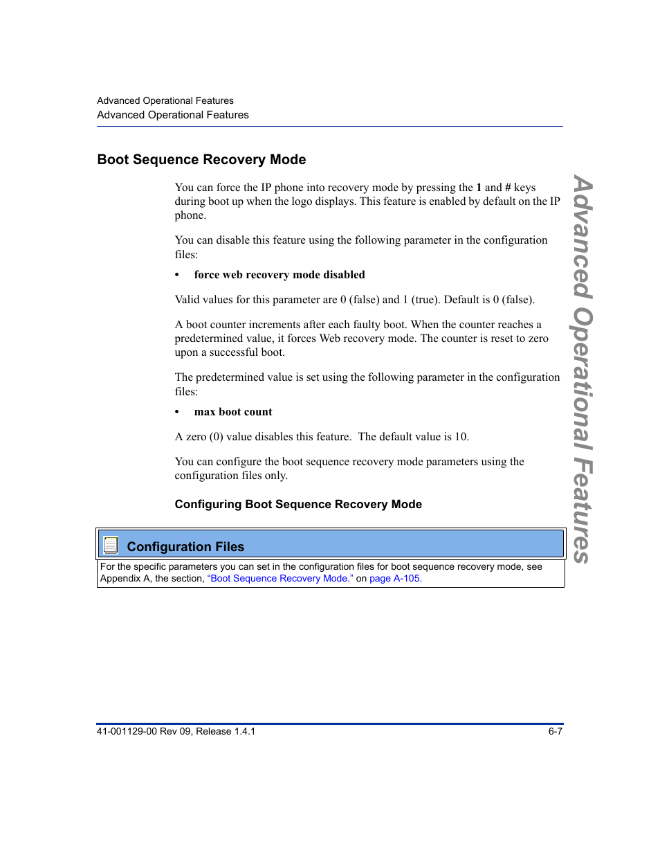 Boot sequence recovery mode, Configuring boot sequence recovery mode, Boot sequence recovery mode -7 | Advanced operational features | Aastra Telecom SIP 480I User Manual | Page 255 / 504