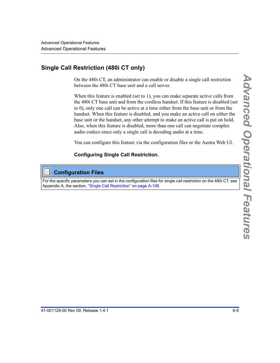 Single call restriction (480i ct only), Configuring single call restriction, Single call restriction (480i ct only) -9 | Advanced operational features | Aastra Telecom SIP 480I User Manual | Page 257 / 504