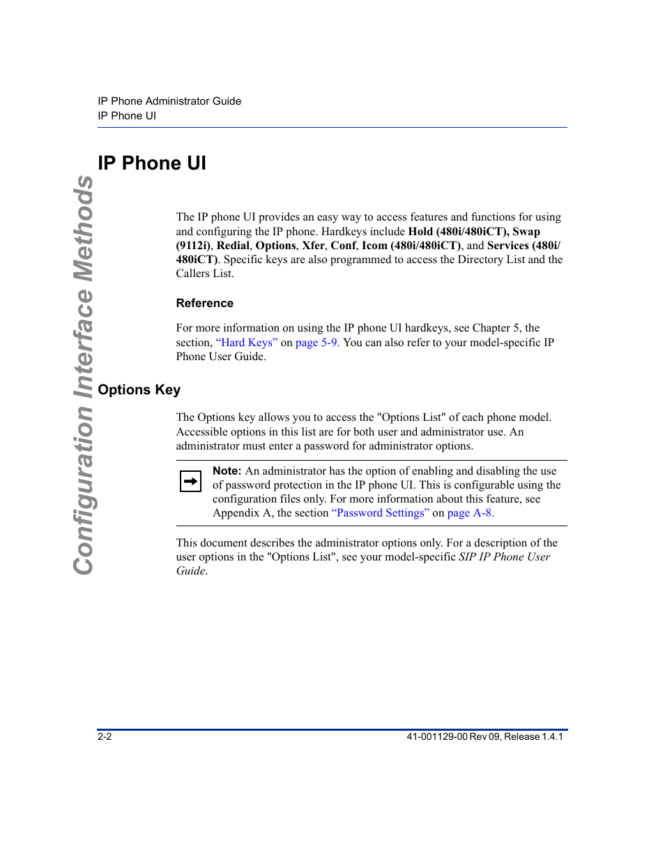 Ip phone ui, Reference, Options key | Ip phone ui -2, Options key -2, Configuration interface methods | Aastra Telecom SIP 480I User Manual | Page 26 / 504