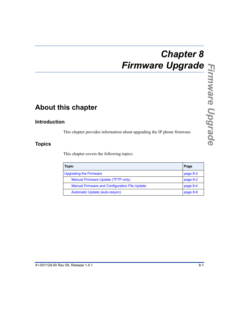 Chapter 8 firmware upgrade, About this chapter, About this chapter -1 | Chapter 8, T firmware update, see, Chapter 8, “firmware, Upgrade, Firmware upgrade chapter 8 firmware upgrade | Aastra Telecom SIP 480I User Manual | Page 265 / 504