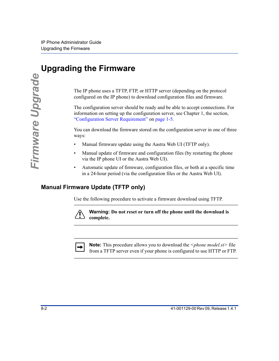 Upgrading the firmware, Manual firmware update (tftp only), Upgrading the firmware -2 | Manual firmware update (tftp only) -2, Firmware upgrade | Aastra Telecom SIP 480I User Manual | Page 266 / 504