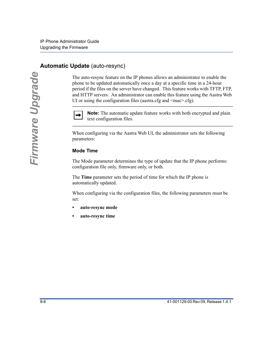 Automatic update (auto-resync), Mode time, Automatic update (auto-resync) -6 | Firmware upgrade | Aastra Telecom SIP 480I User Manual | Page 270 / 504
