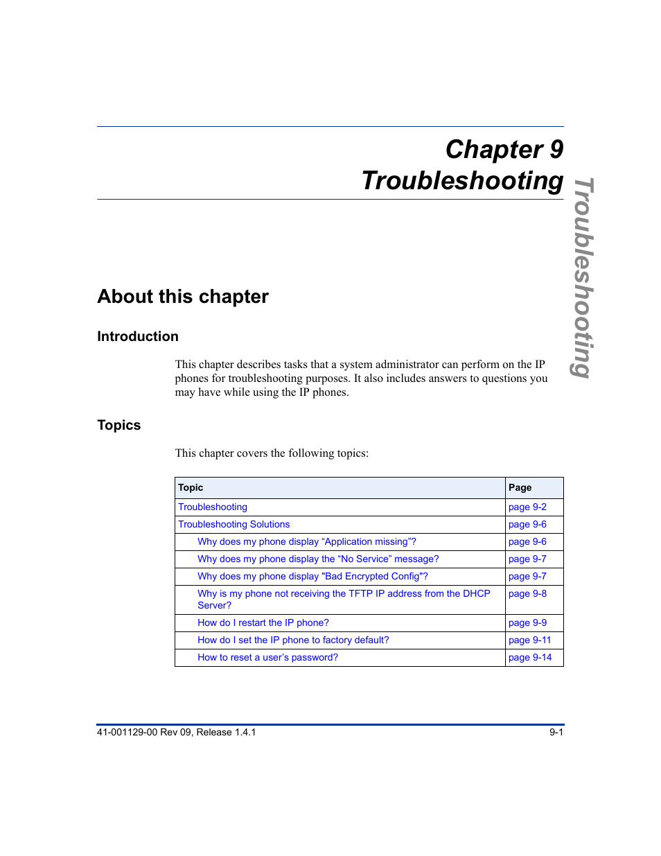 Chapter 9 troubleshooting, About this chapter, About this chapter -1 | Chapter 9, Troubleshooting chapter 9 troubleshooting | Aastra Telecom SIP 480I User Manual | Page 275 / 504