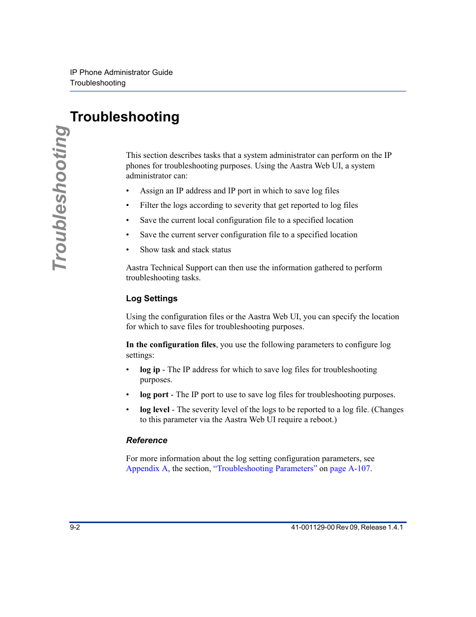 Troubleshooting, Log settings, Reference | Troubleshooting -2 | Aastra Telecom SIP 480I User Manual | Page 276 / 504