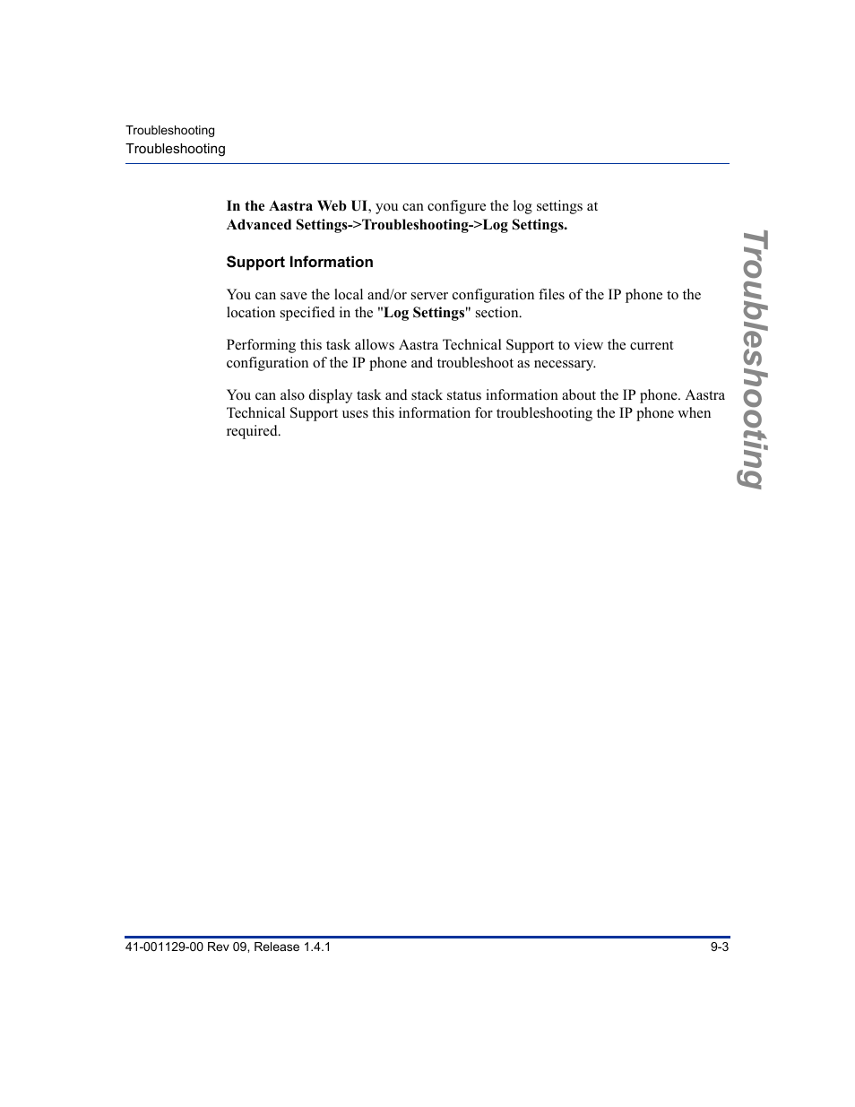 Support information, Troubleshooting | Aastra Telecom SIP 480I User Manual | Page 277 / 504