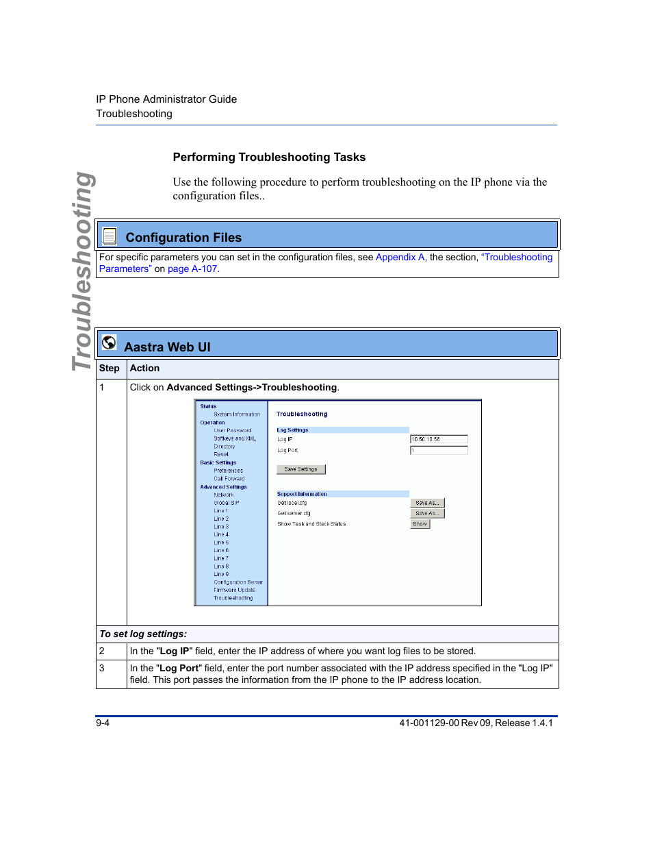Performing troubleshooting tasks, Troubleshooting | Aastra Telecom SIP 480I User Manual | Page 278 / 504