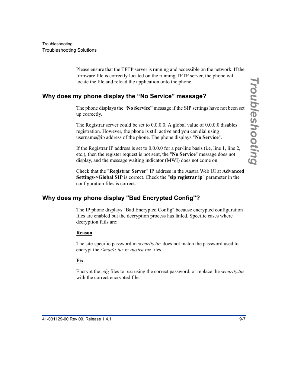 Why does my phone display the “no service” message, Why does my phone display "bad encrypted config, Troubleshooting | Aastra Telecom SIP 480I User Manual | Page 281 / 504