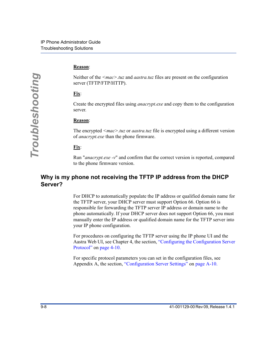 Troubleshooting | Aastra Telecom SIP 480I User Manual | Page 282 / 504