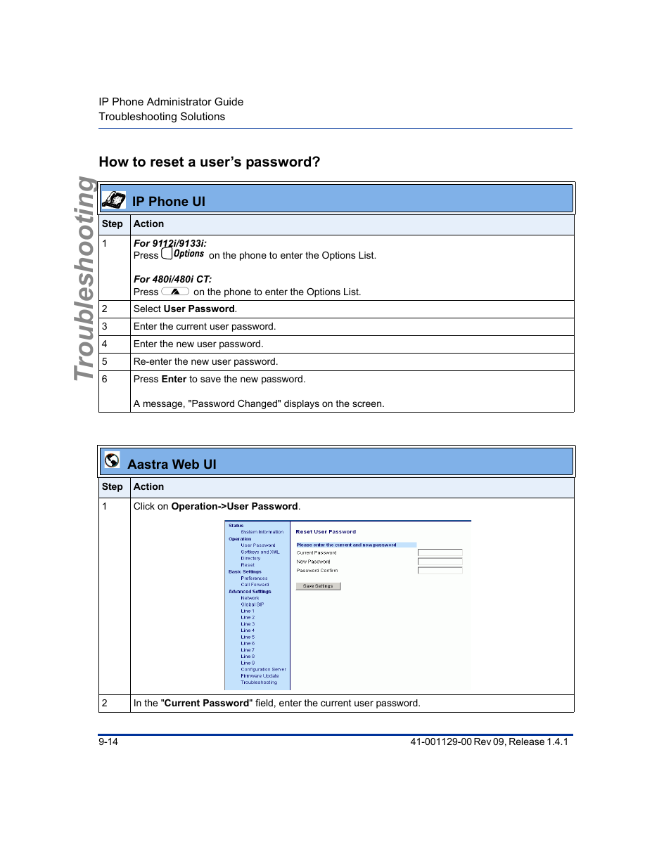 How to reset a user’s password, How to reset a user’s password? -14, Troubleshooting | Aastra Telecom SIP 480I User Manual | Page 288 / 504