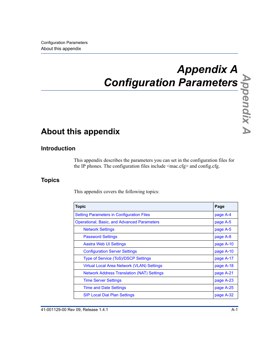 Appendix a configuration parameters, About this appendix, Appendix a | Configuration parameters, Appendix a, “configuration parameters, The se | Aastra Telecom SIP 480I User Manual | Page 291 / 504