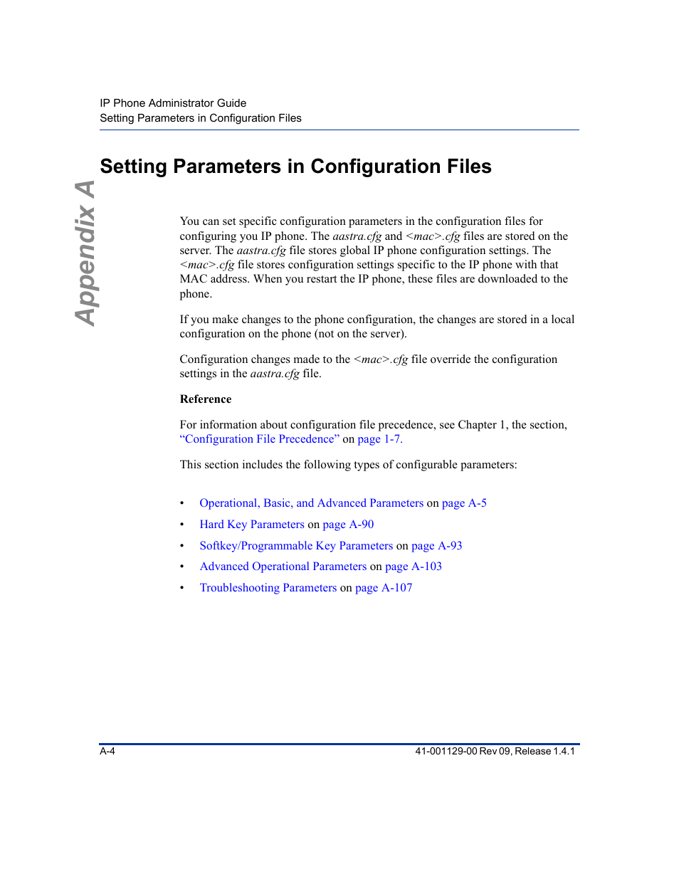 Setting parameters in configuration files, Appendix a | Aastra Telecom SIP 480I User Manual | Page 294 / 504