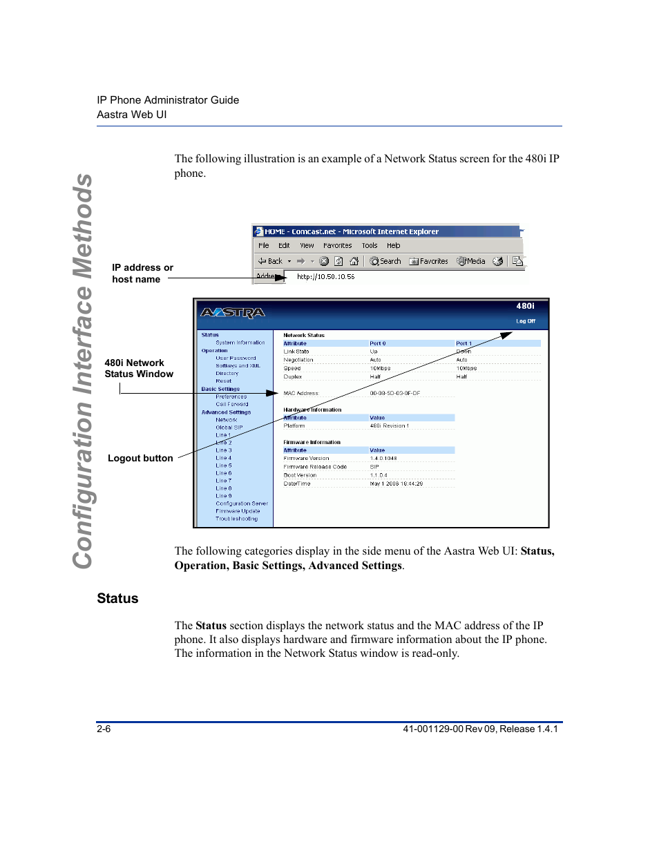 Status, Status -6, Configuration interface methods | Aastra Telecom SIP 480I User Manual | Page 30 / 504
