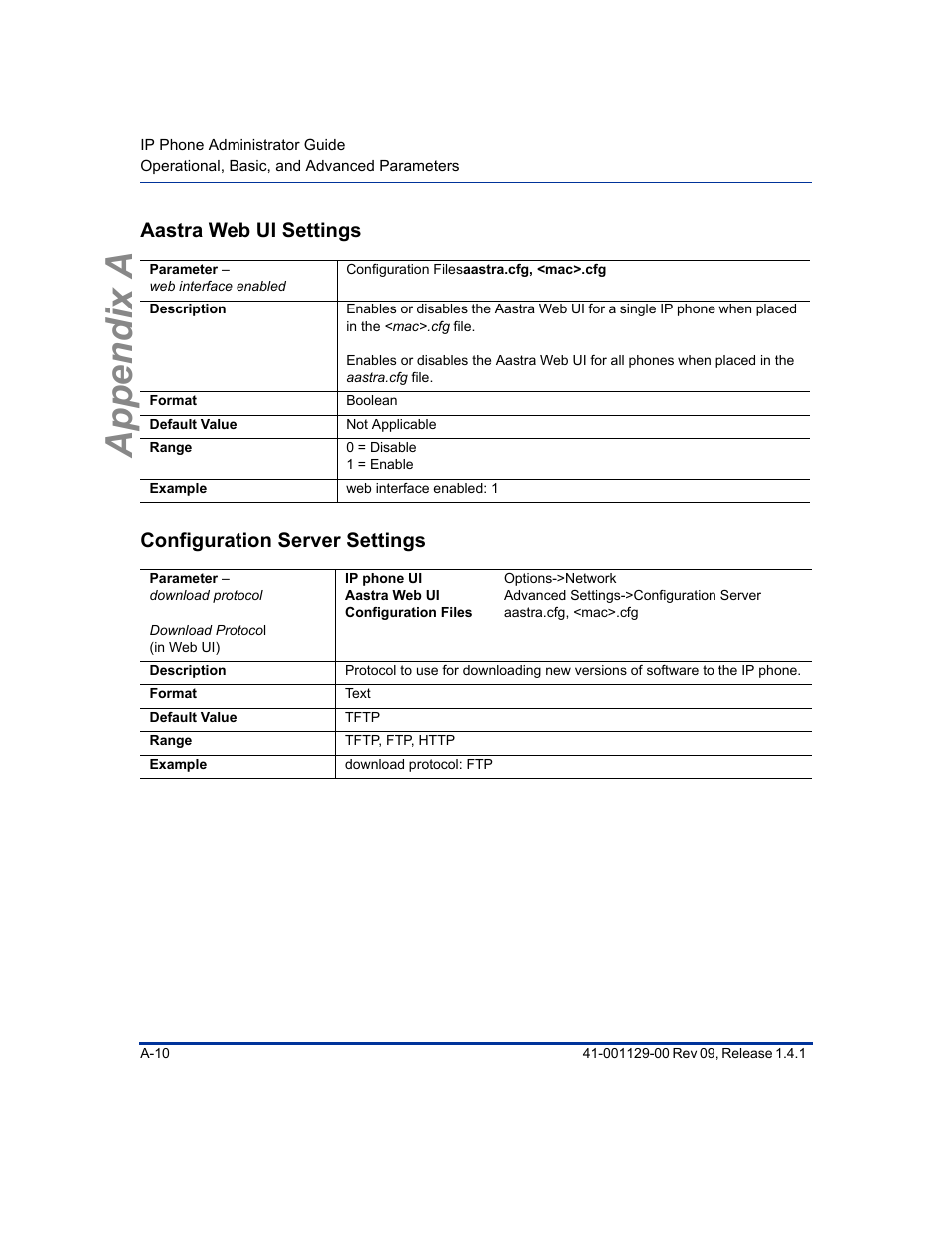 Aastra web ui settings, Configuration server settings, Configuration | Server settings, Appendix a | Aastra Telecom SIP 480I User Manual | Page 300 / 504