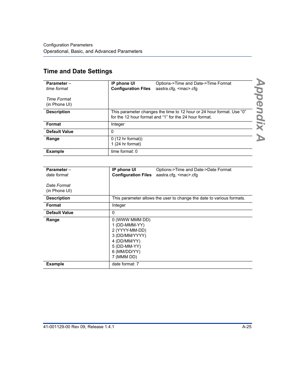 Time and date settings, Time and date, Settings | Appendix a | Aastra Telecom SIP 480I User Manual | Page 315 / 504
