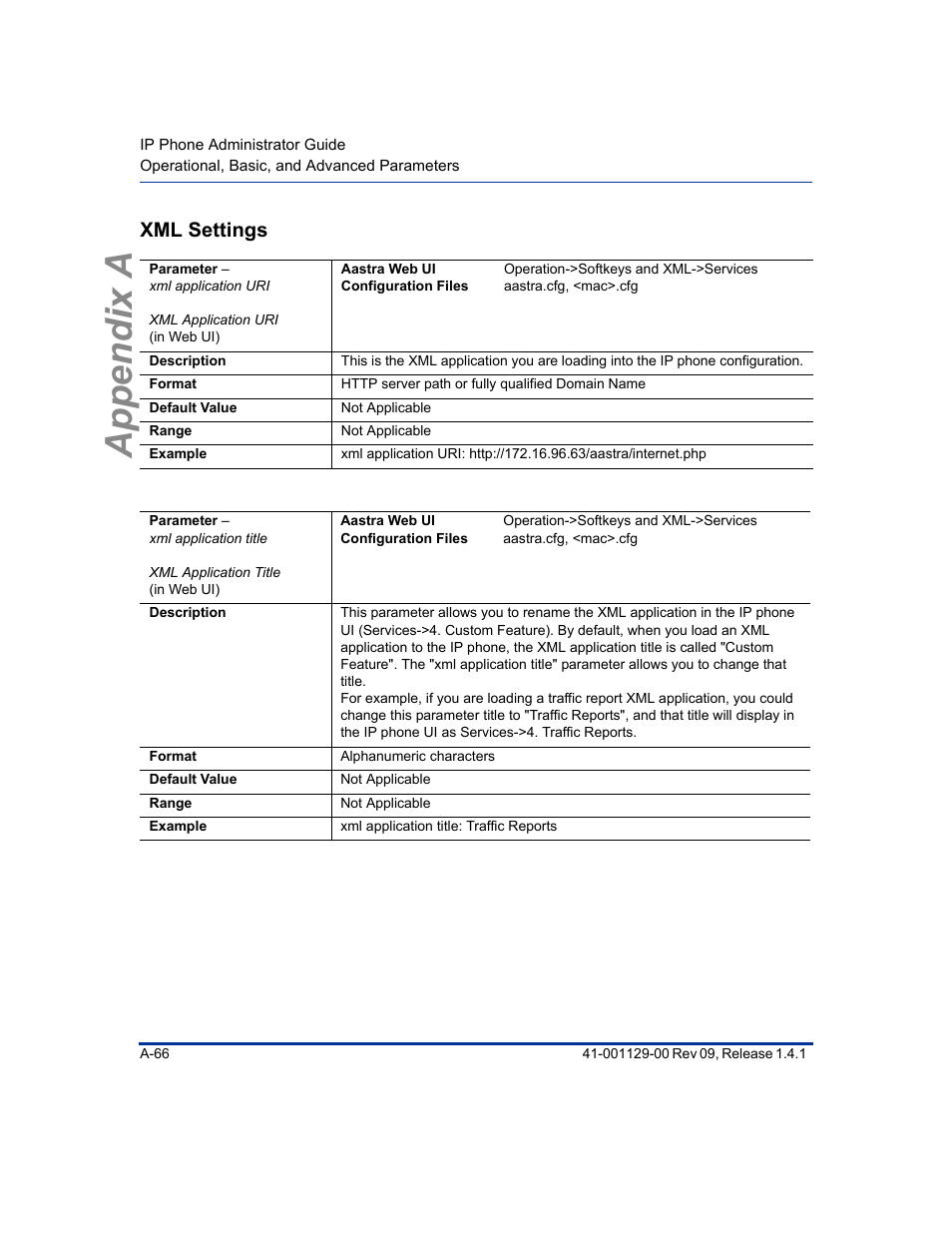 Xml settings, Appendix a | Aastra Telecom SIP 480I User Manual | Page 356 / 504