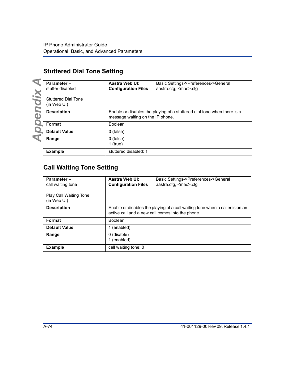 Stuttered dial tone setting, Call waiting tone setting, Appendix a | Aastra Telecom SIP 480I User Manual | Page 364 / 504