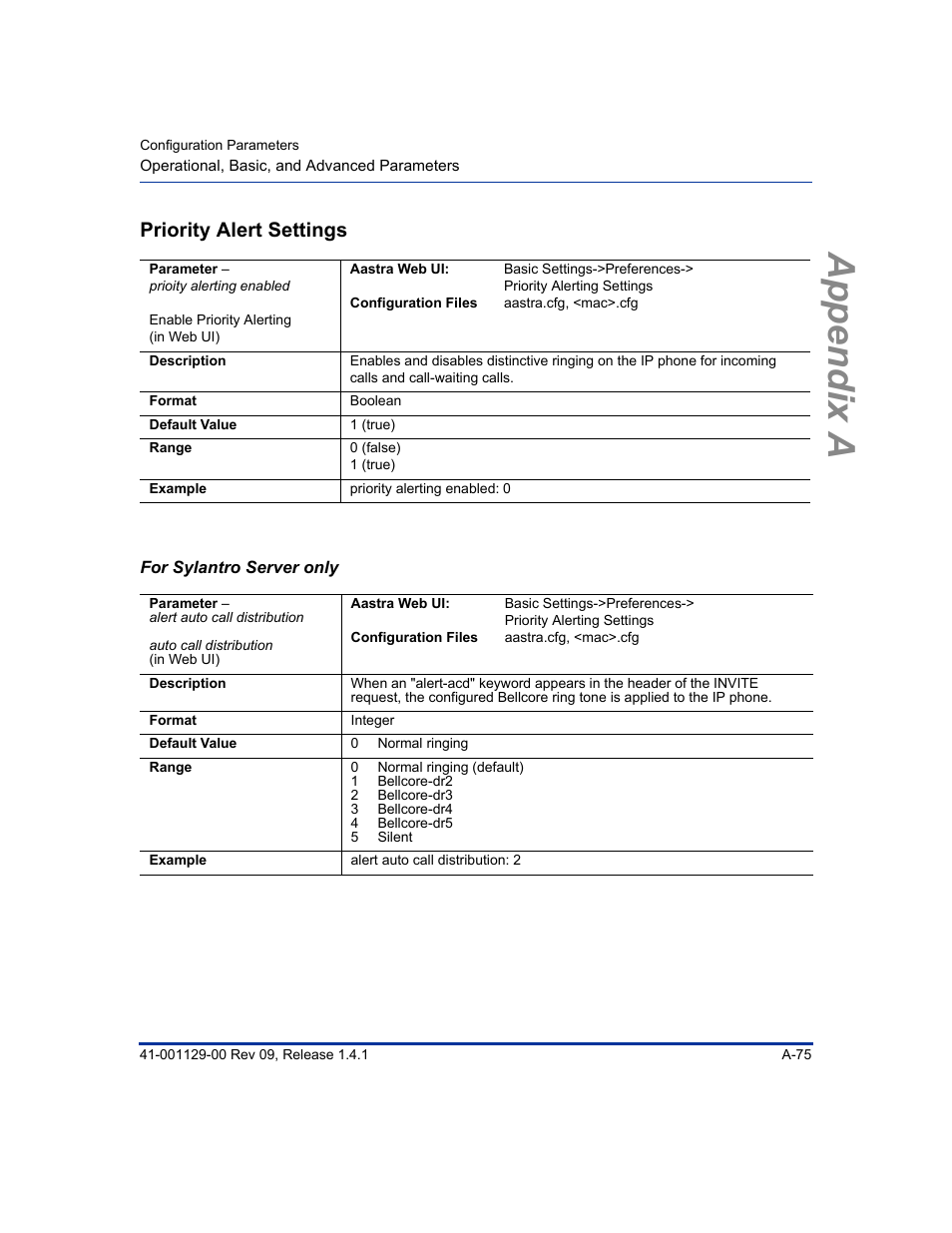 Priority alert settings, For sylantro server only, Appendix a | Aastra Telecom SIP 480I User Manual | Page 365 / 504