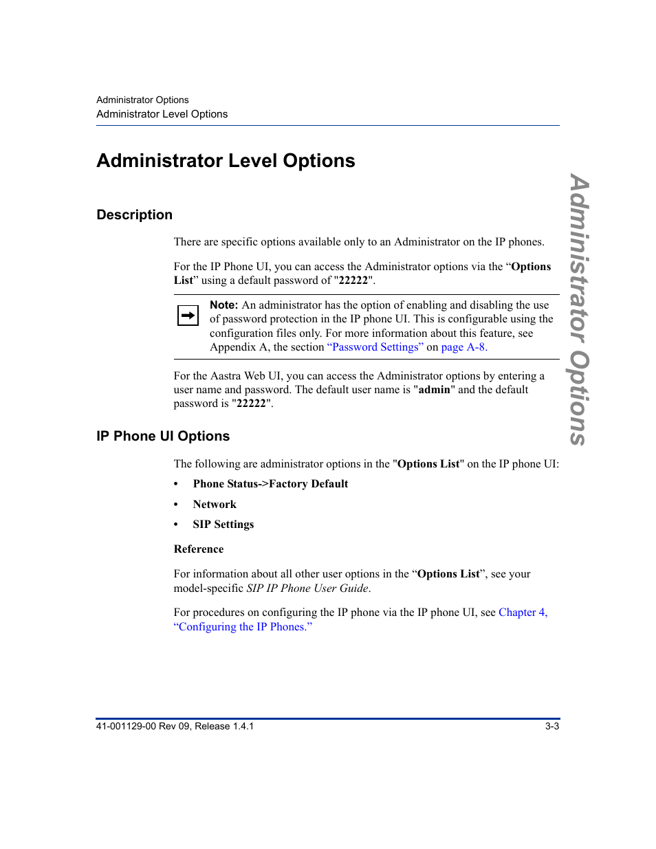 Administrator level options, Description, Ip phone ui options | Administrator level options -3, Description -3, Ip phone ui options -3, Administrator options | Aastra Telecom SIP 480I User Manual | Page 37 / 504