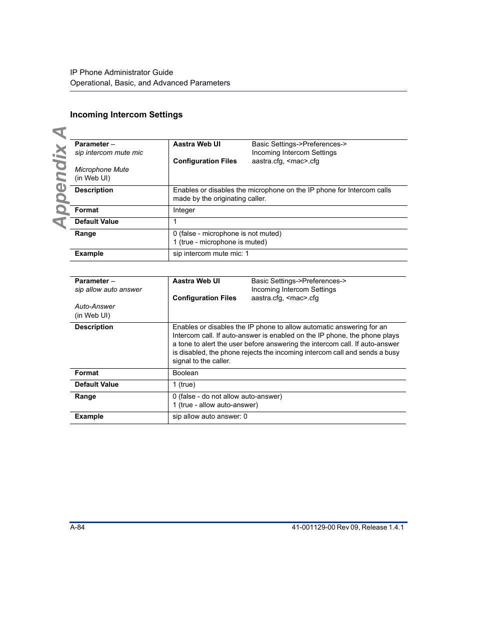 Incoming intercom settings, Appendix a | Aastra Telecom SIP 480I User Manual | Page 374 / 504