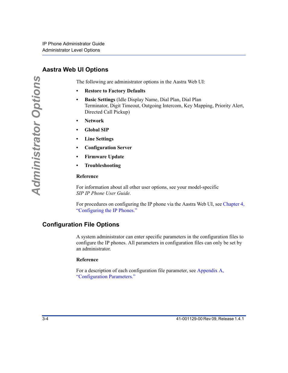 Aastra web ui options, Configuration file options, Aastra web ui options -4 | Configuration file options -4, Administrator options | Aastra Telecom SIP 480I User Manual | Page 38 / 504