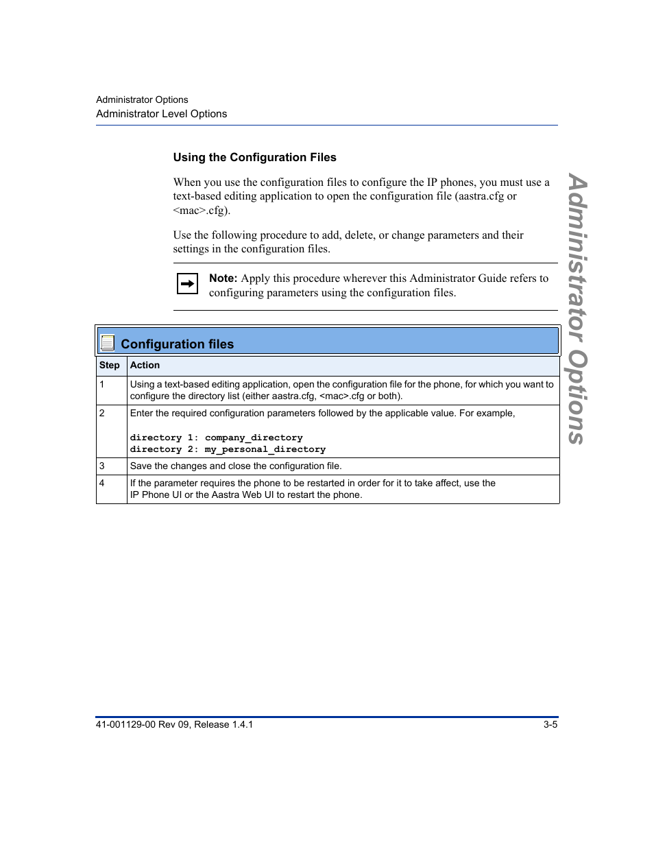 Using the configuration files, Administrator options | Aastra Telecom SIP 480I User Manual | Page 39 / 504