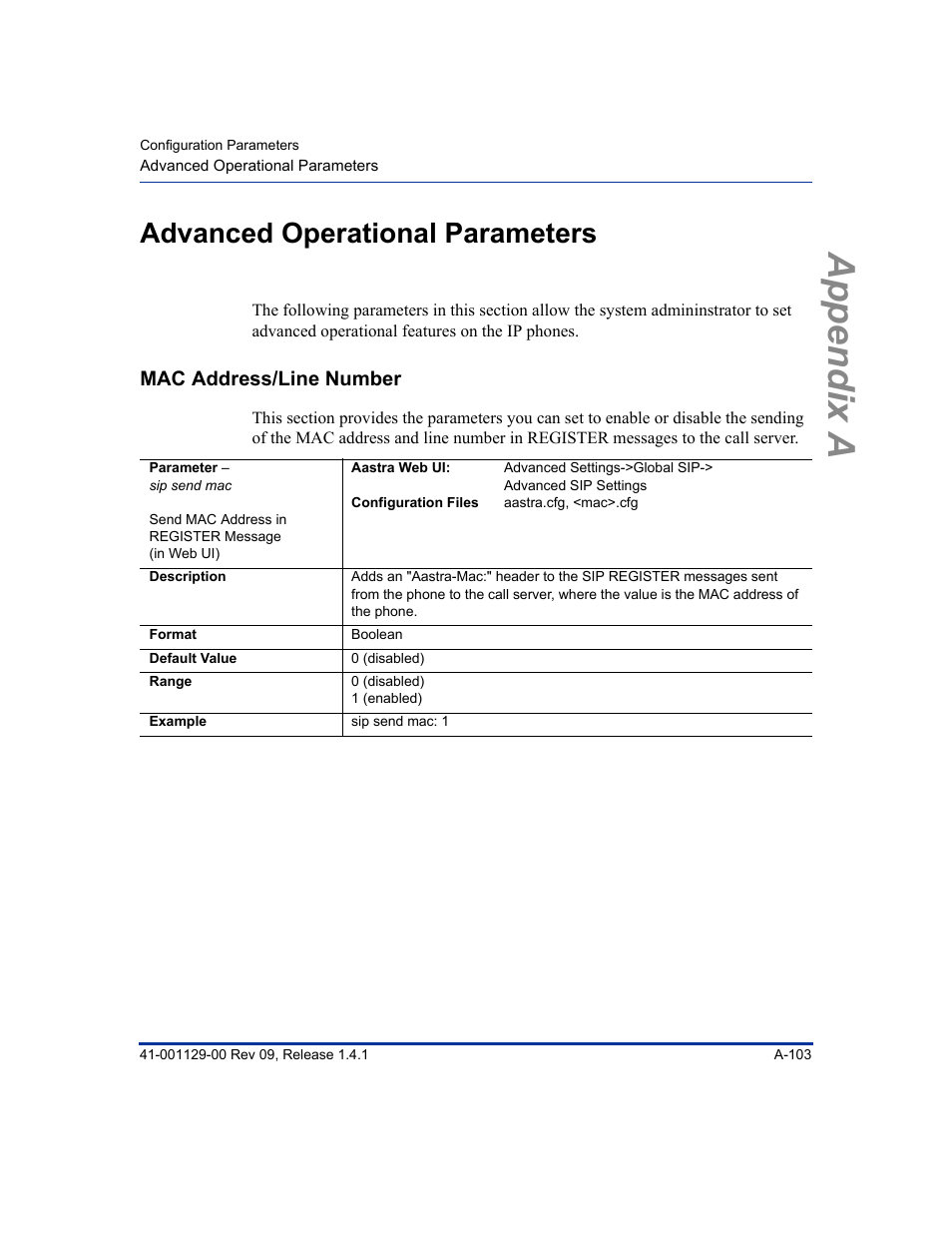 Advanced operational parameters, Mac address/line number, Appendix a | Aastra Telecom SIP 480I User Manual | Page 393 / 504