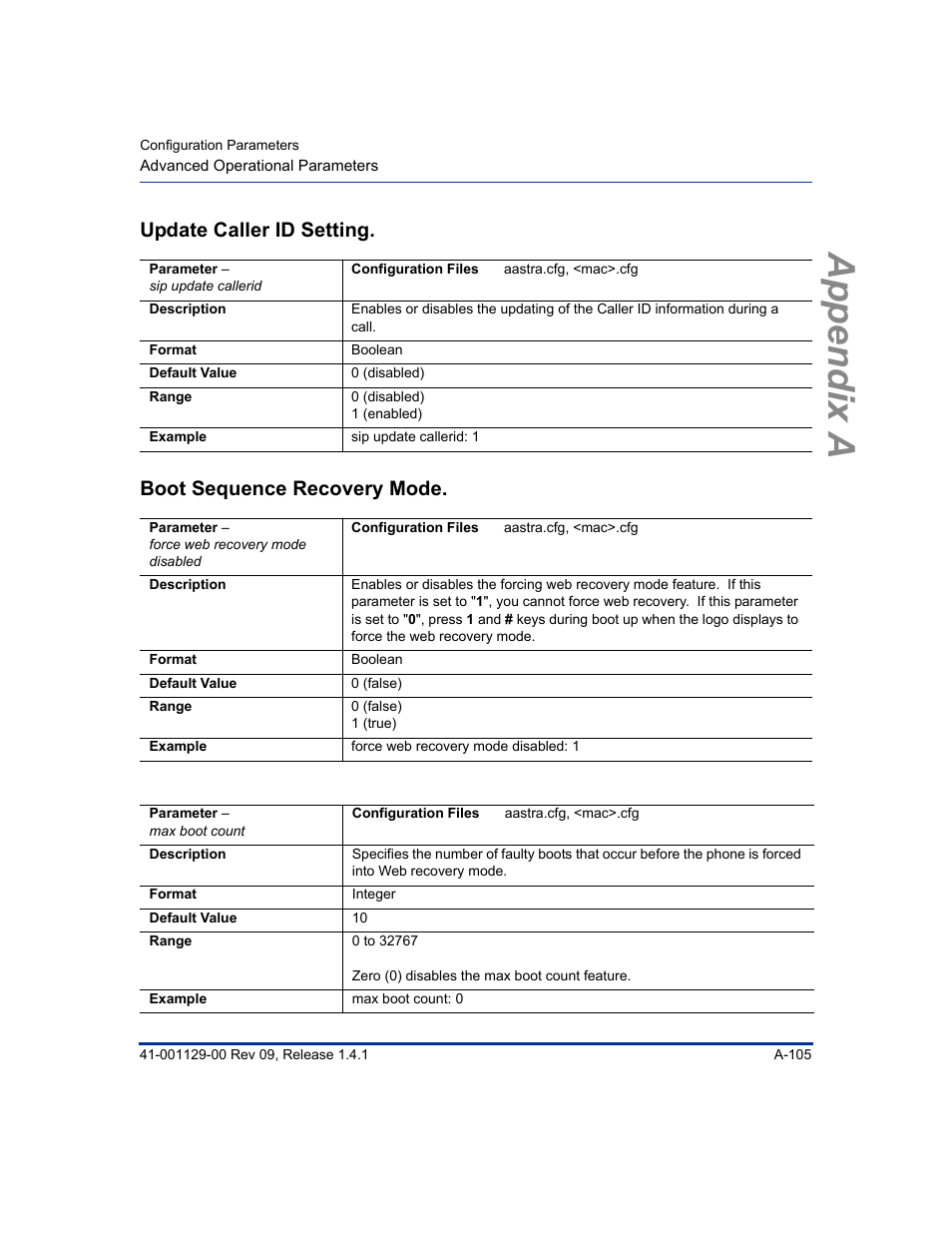 Update caller id setting, Boot sequence recovery mode, Appendix a | Aastra Telecom SIP 480I User Manual | Page 395 / 504