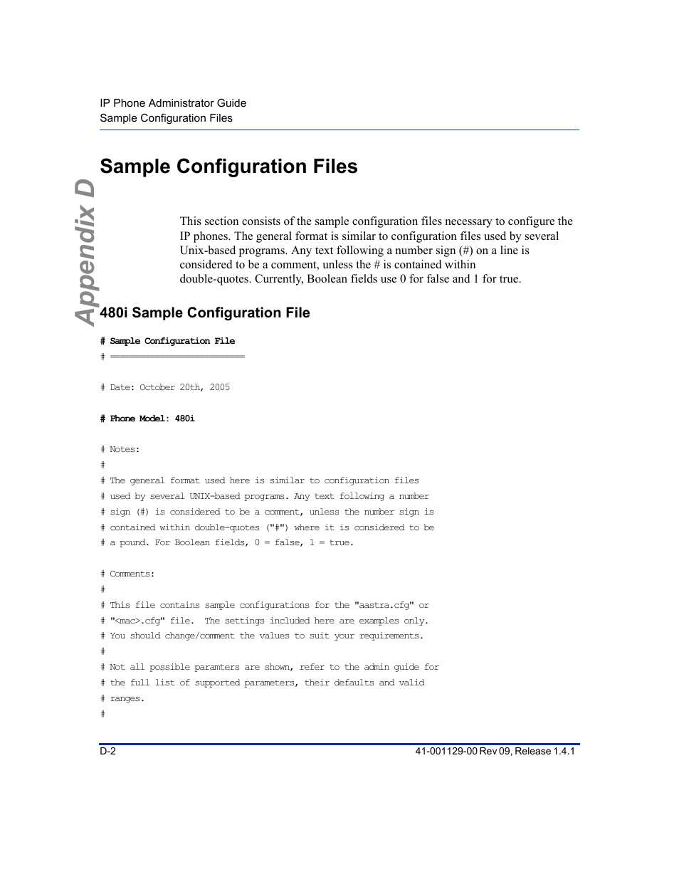 Sample configuration files, 480i sample configuration file, Appendix d | Aastra Telecom SIP 480I User Manual | Page 414 / 504