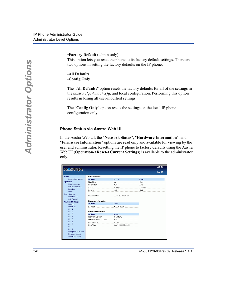 Phone status via aastra web ui, Administrator options | Aastra Telecom SIP 480I User Manual | Page 42 / 504