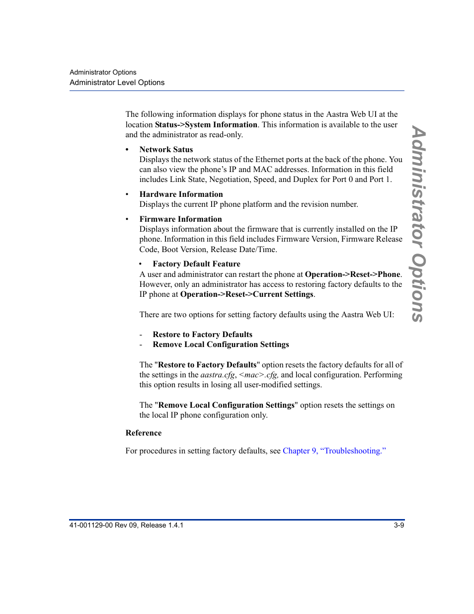 Administrator options | Aastra Telecom SIP 480I User Manual | Page 43 / 504