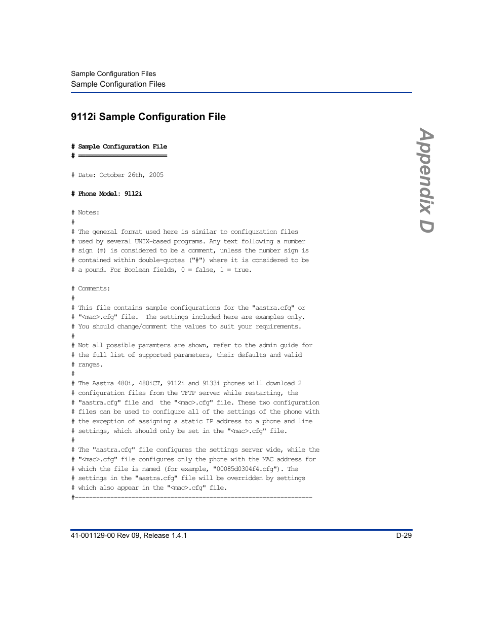 9112i sample configuration file, Appendix d | Aastra Telecom SIP 480I User Manual | Page 441 / 504