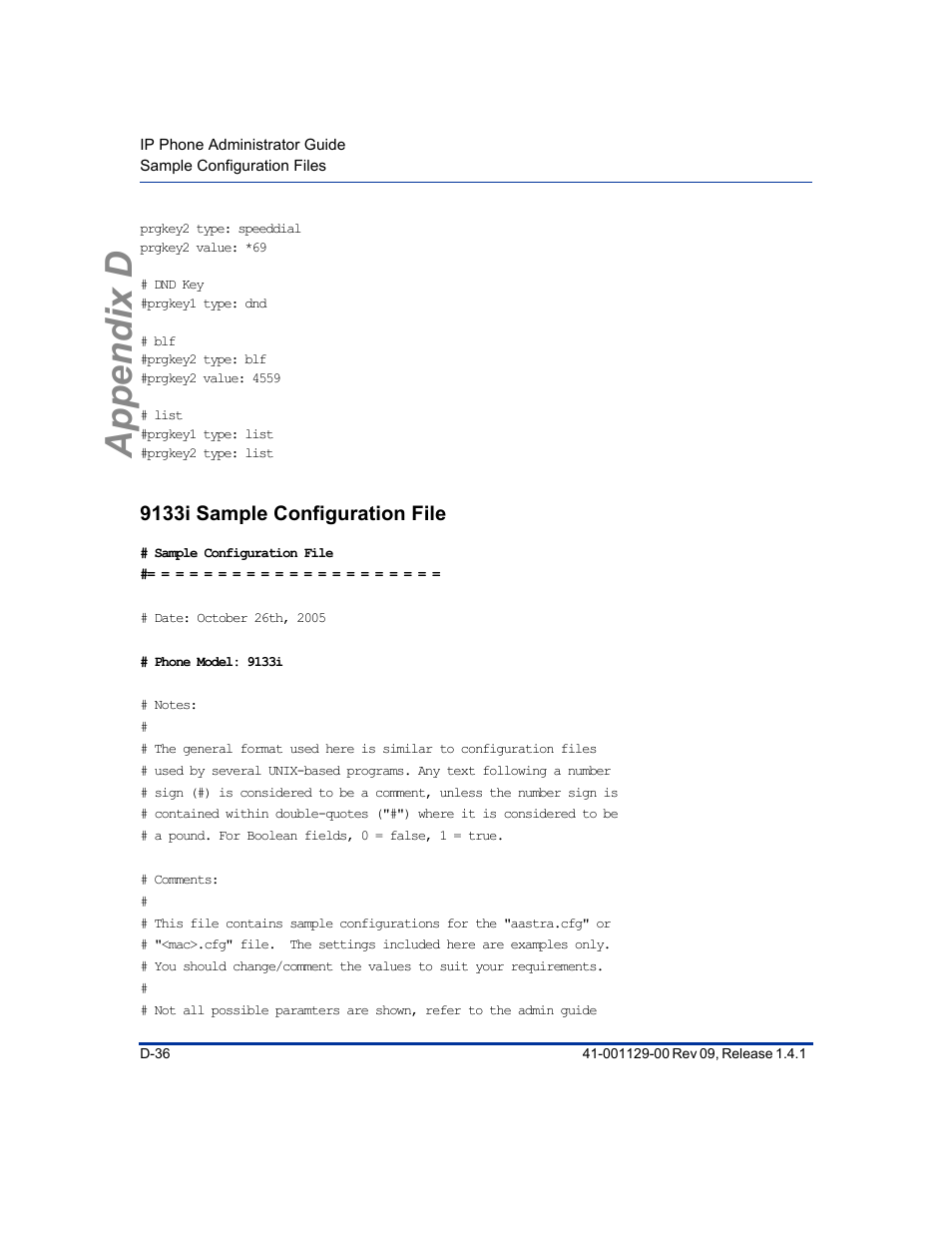 9133i sample configuration file, Appendix d | Aastra Telecom SIP 480I User Manual | Page 448 / 504