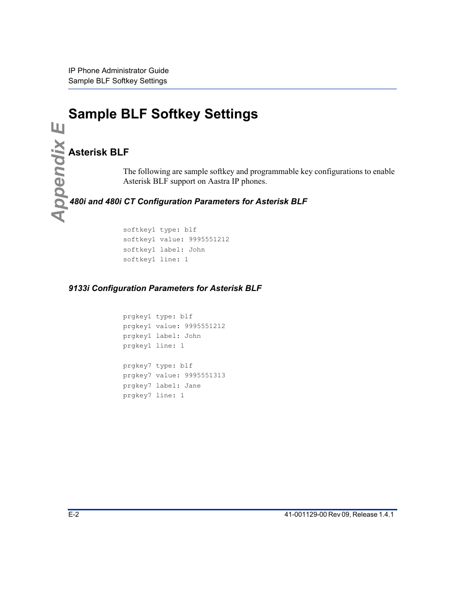 Sample blf softkey settings, Asterisk blf, 9133i configuration parameters for asterisk blf | Appendix e | Aastra Telecom SIP 480I User Manual | Page 464 / 504