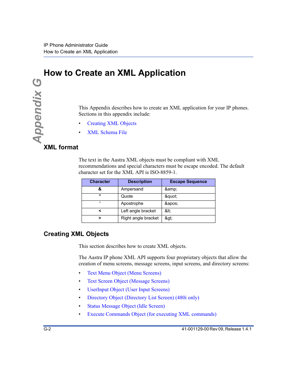 How to create an xml application, Xml format, Creating xml objects | Appendix g | Aastra Telecom SIP 480I User Manual | Page 472 / 504