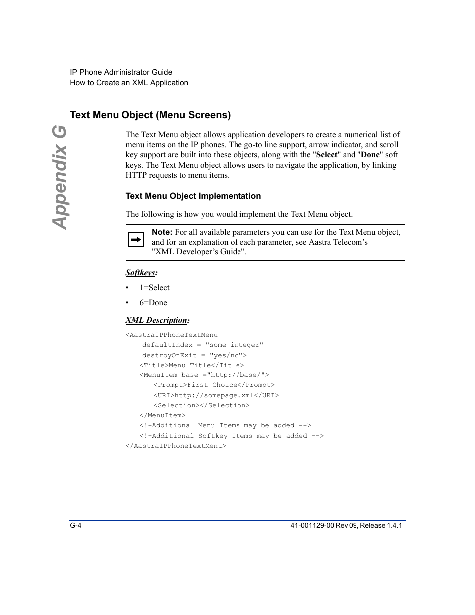Text menu object (menu screens), Text menu object implementation, Appendix g | Aastra Telecom SIP 480I User Manual | Page 474 / 504