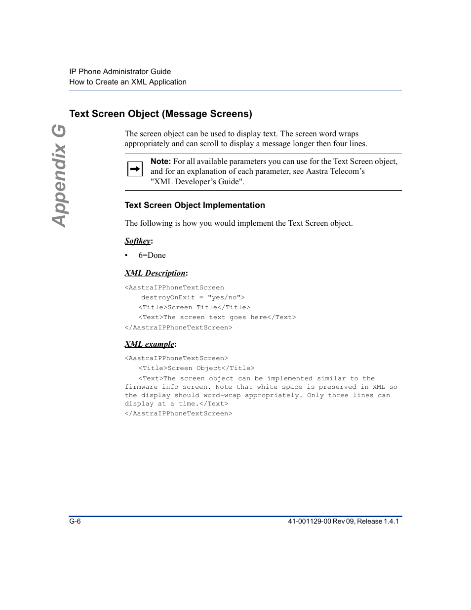 Text screen object (message screens), Text screen object implementation, Appendix g | Aastra Telecom SIP 480I User Manual | Page 476 / 504