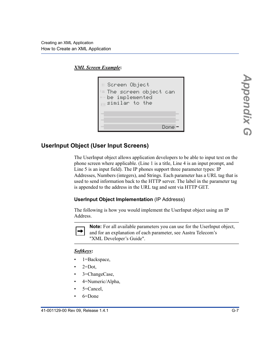Userinput object (user input screens), Userinput object implementation (ip addresss), Appendix g | Aastra Telecom SIP 480I User Manual | Page 477 / 504