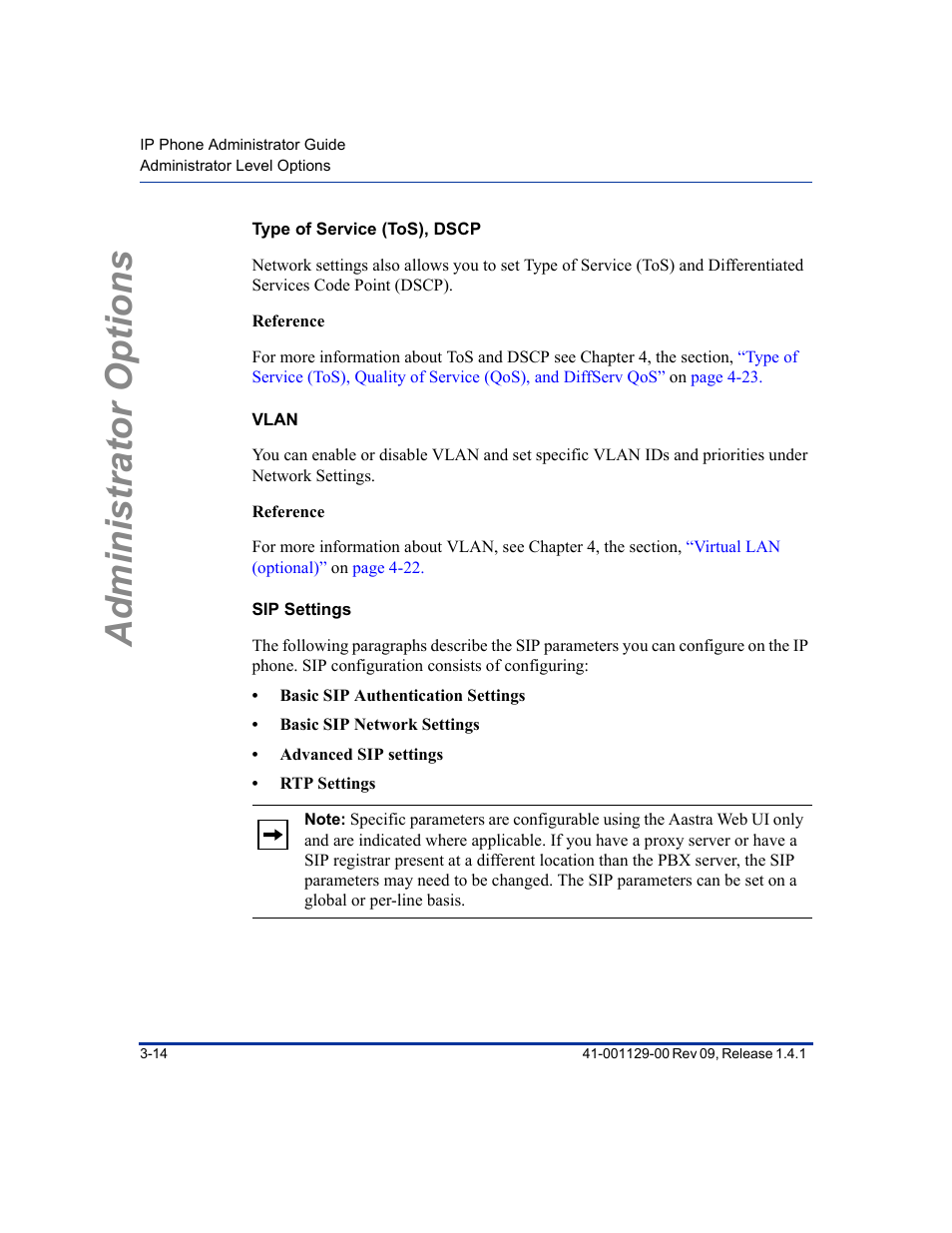 Type of service (tos), dscp, Vlan, Sip settings | Administrator options | Aastra Telecom SIP 480I User Manual | Page 48 / 504