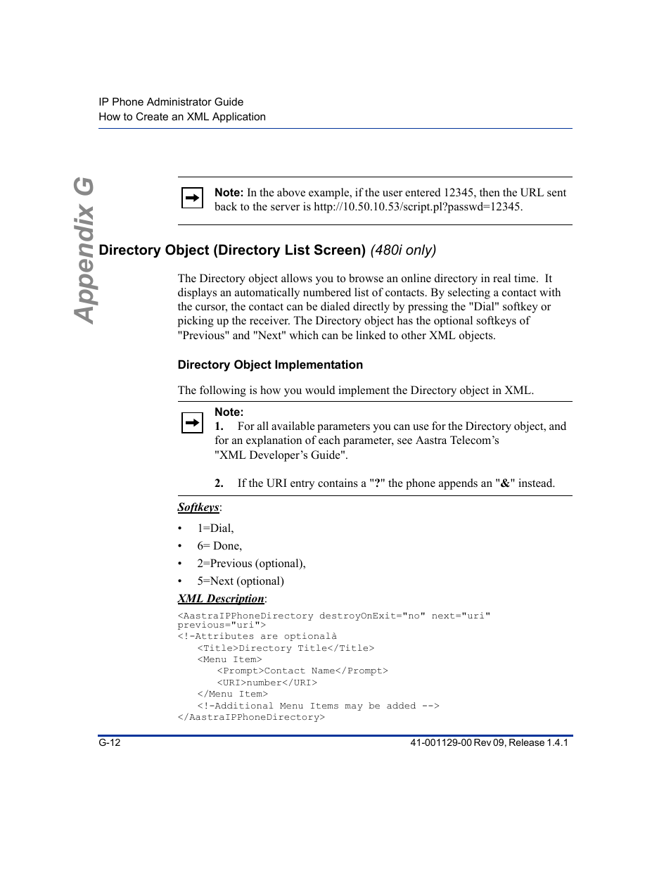 Directory object implementation, Appendix g | Aastra Telecom SIP 480I User Manual | Page 482 / 504