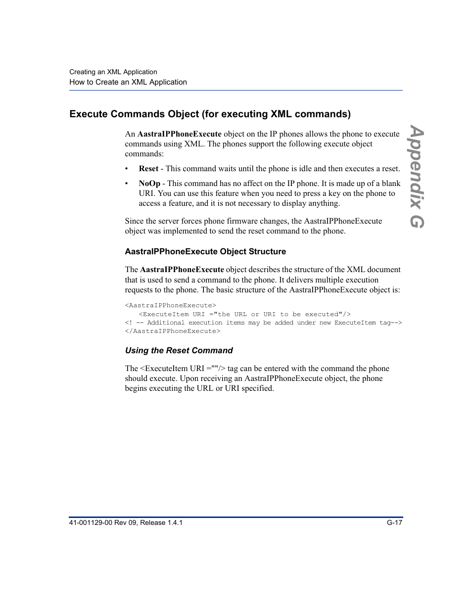 Aastraipphoneexecute object structure, Using the reset command, Appendix g | Aastra Telecom SIP 480I User Manual | Page 487 / 504