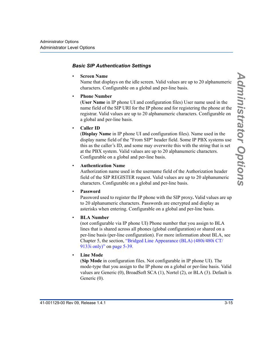 Basic sip authentication settings, Administrator options | Aastra Telecom SIP 480I User Manual | Page 49 / 504