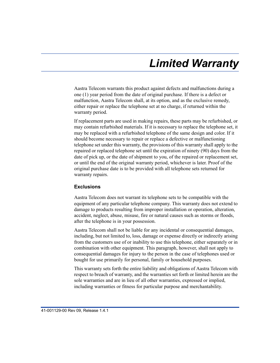 Limited warranty, Exclusions | Aastra Telecom SIP 480I User Manual | Page 495 / 504