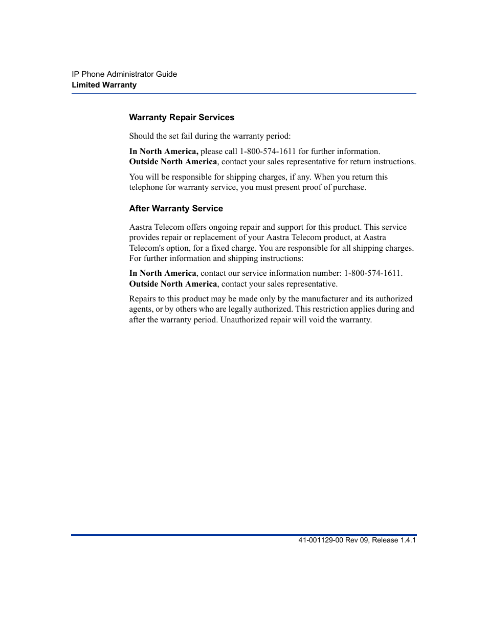 Warranty repair services, After warranty service | Aastra Telecom SIP 480I User Manual | Page 496 / 504