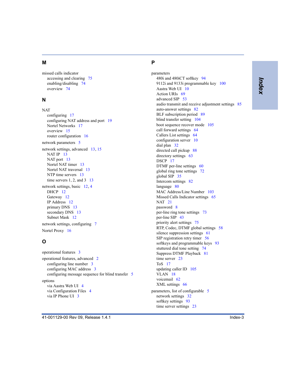 Index | Aastra Telecom SIP 480I User Manual | Page 499 / 504