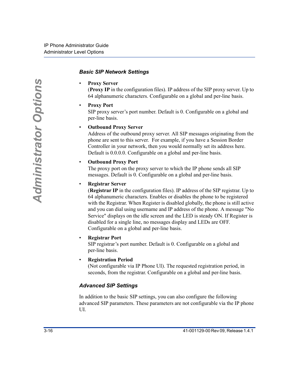 Basic sip network settings, Advanced sip settings, Administrator options | Aastra Telecom SIP 480I User Manual | Page 50 / 504