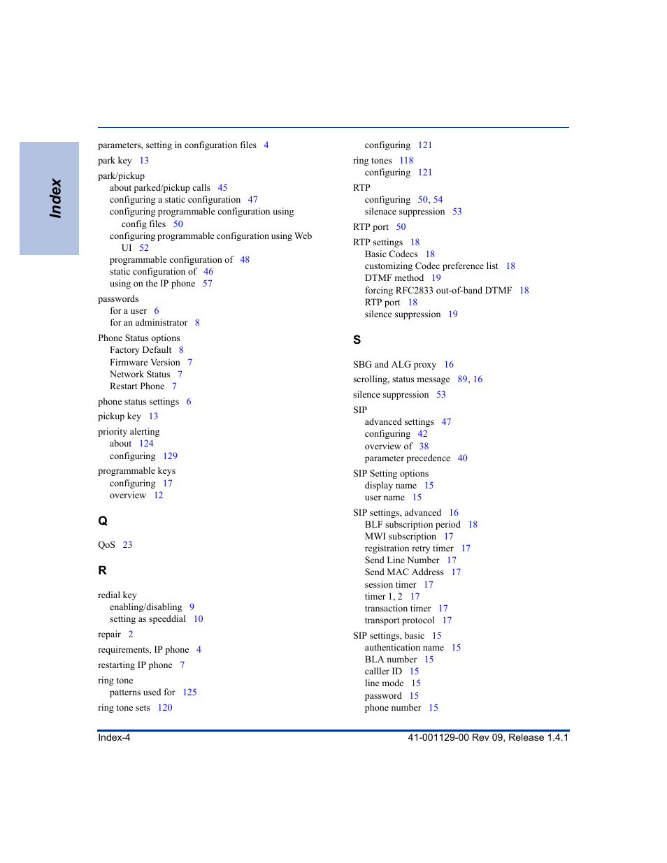Index | Aastra Telecom SIP 480I User Manual | Page 500 / 504