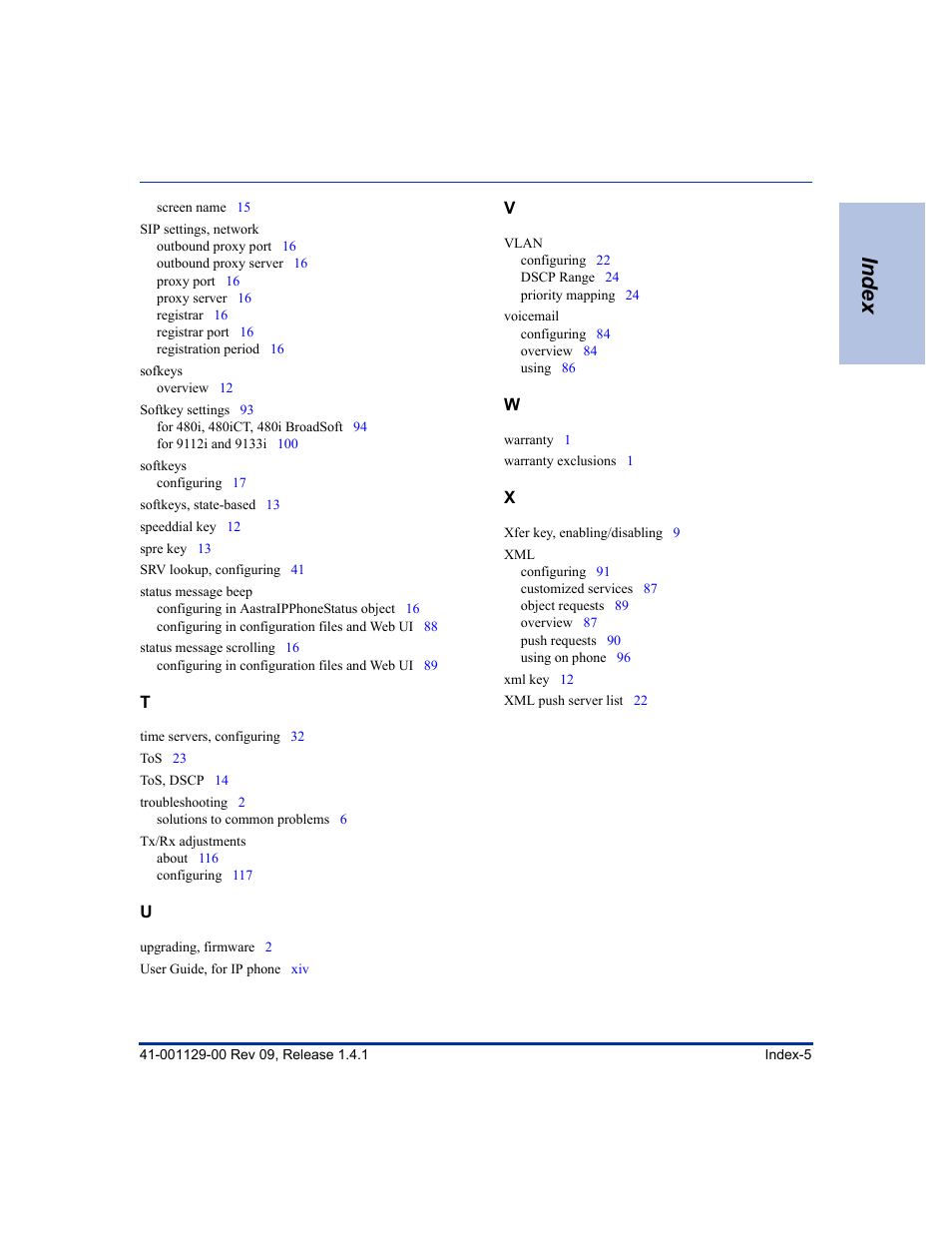 Index | Aastra Telecom SIP 480I User Manual | Page 501 / 504