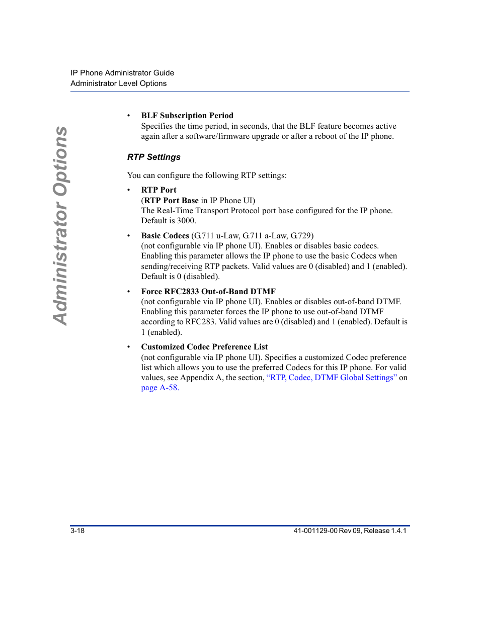 Rtp settings, Administrator options | Aastra Telecom SIP 480I User Manual | Page 52 / 504