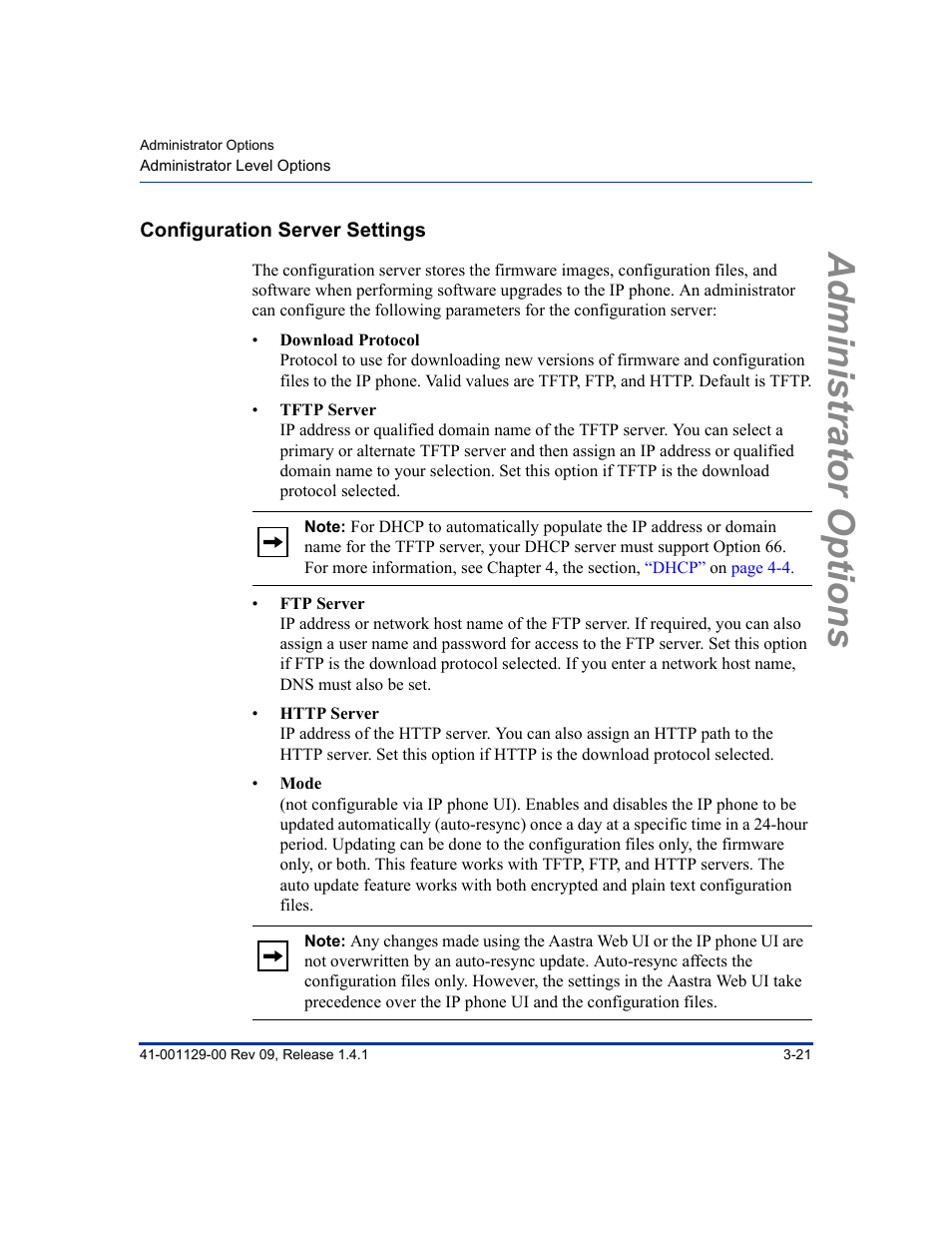 Configuration server settings, Configuration server settings -21, Administrator options | Aastra Telecom SIP 480I User Manual | Page 55 / 504